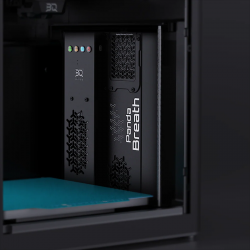 BIQU Panda Breath installed inside Bambu Lab printer enclosure showing status LEDs and ventilation grilles