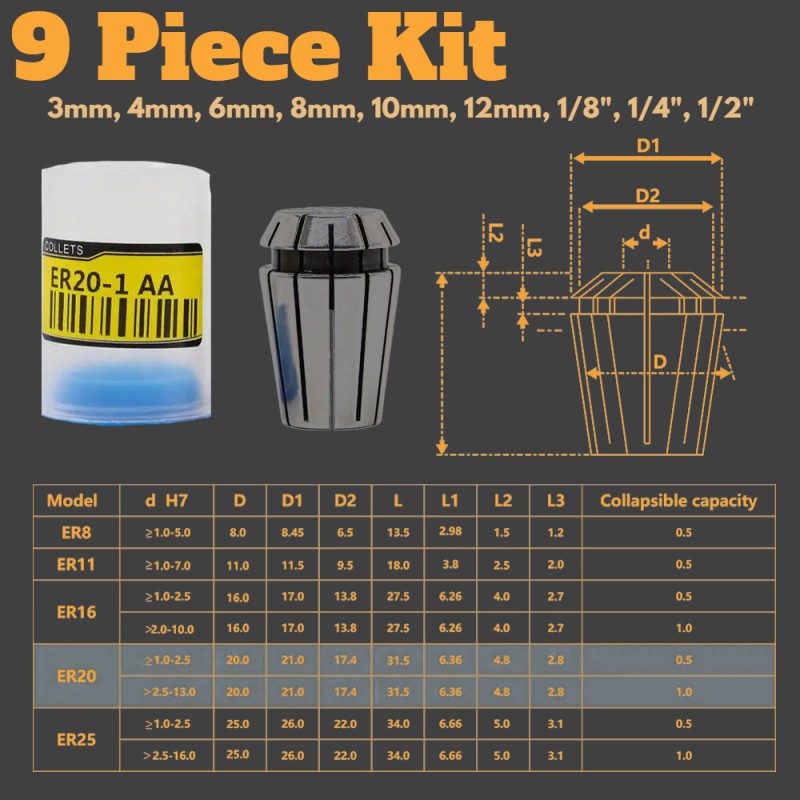 2.2kW ONLY -- G-Penny ER20 Collet Kit - 9 Pieces - AA - Metric + SAE