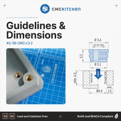 CNCKitchen #2-56 UNC x 3.2mm Heat Set Insert - installation example and technical diagram