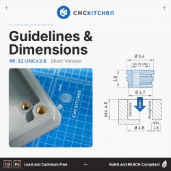 CNCKitchen #6-32 UNC x 3.8mm Short Version - installation example and technical diagram CNCKitchen #6-32 UNC x 3.8mm Short Version - installation example and technical diagram