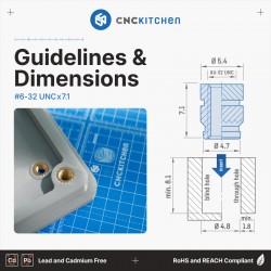 CNCKitchen #6-32 UNC x 7.1mm Heat Set Insert - installation example and technical diagram CNCKitchen #6-32 UNC x 7.1mm Heat Set Insert - installation example and technical diagram