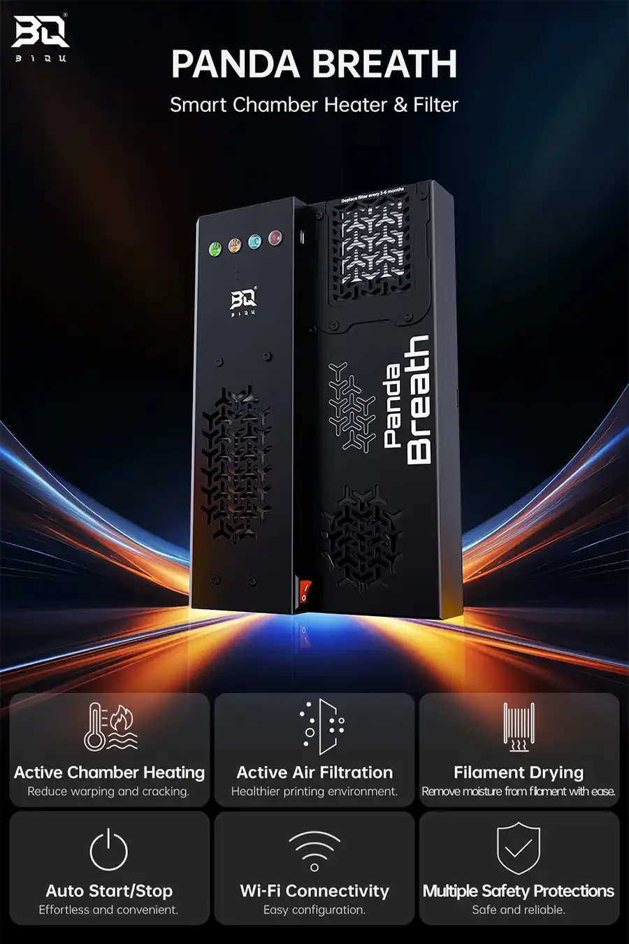 BIQU Panda Breath features - active chamber heating, air filtration, filament drying, auto start/stop, WiFi, and safety protections