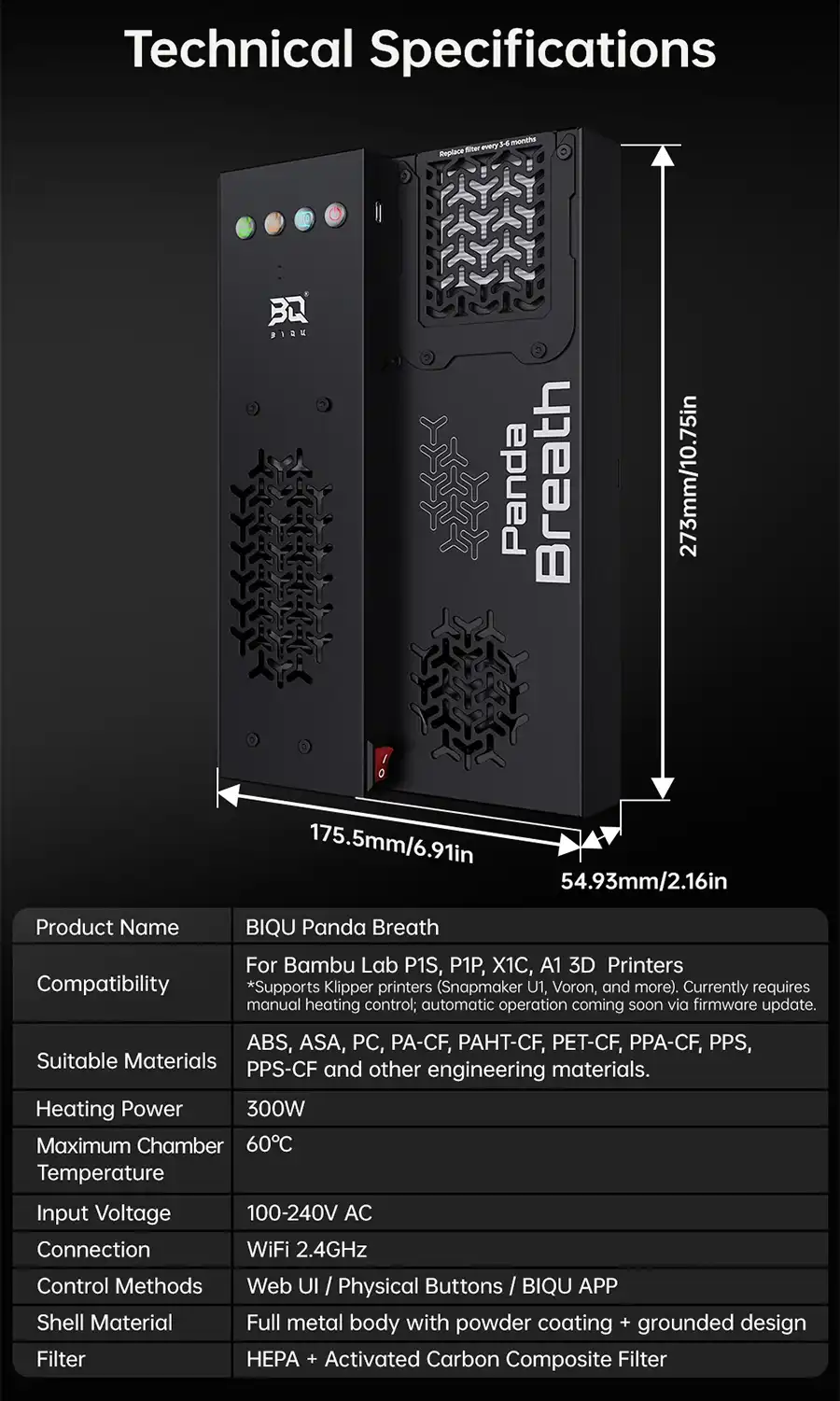 Technical specifications - 300W heating, 60°C max chamber temp, HEPA carbon filter, WiFi control, 273mm x 175mm x 55mm