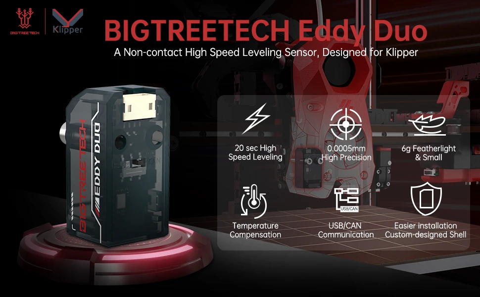 BIGTREETECH Eddy Duo is a non-contact high speed leveling sensor for Klipper