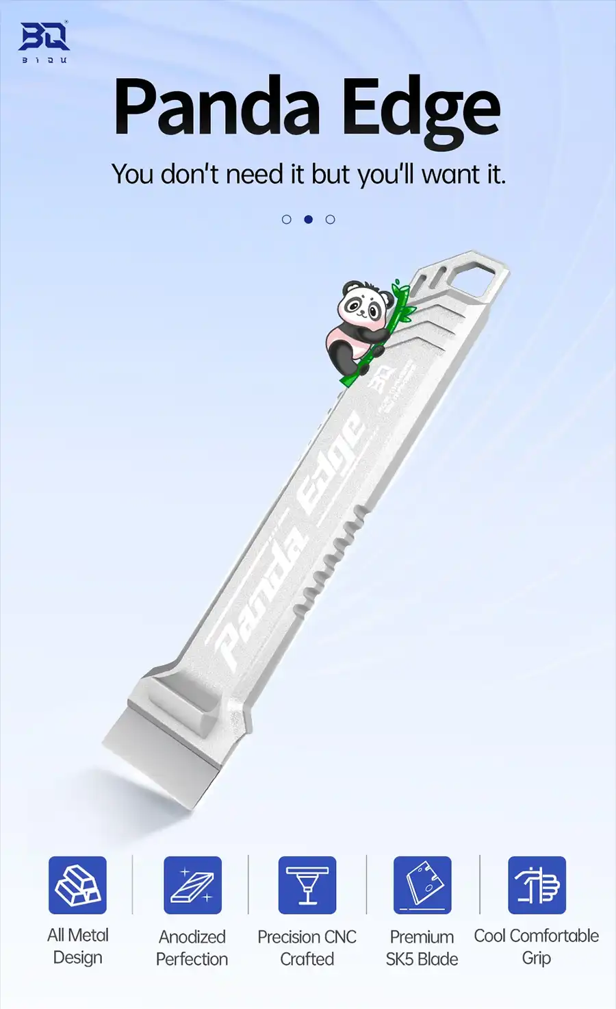 BIQU Panda Edge CNC machined aluminum part scraper with SK5 steel blade, featuring all metal design, anodized finish, and ergonomic grip