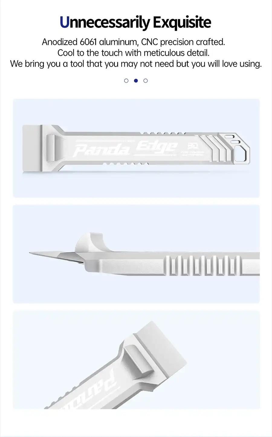 Close-up views of Panda Edge showing CNC machined 6061 aluminum handle details, anodized finish, and precision blade assembly