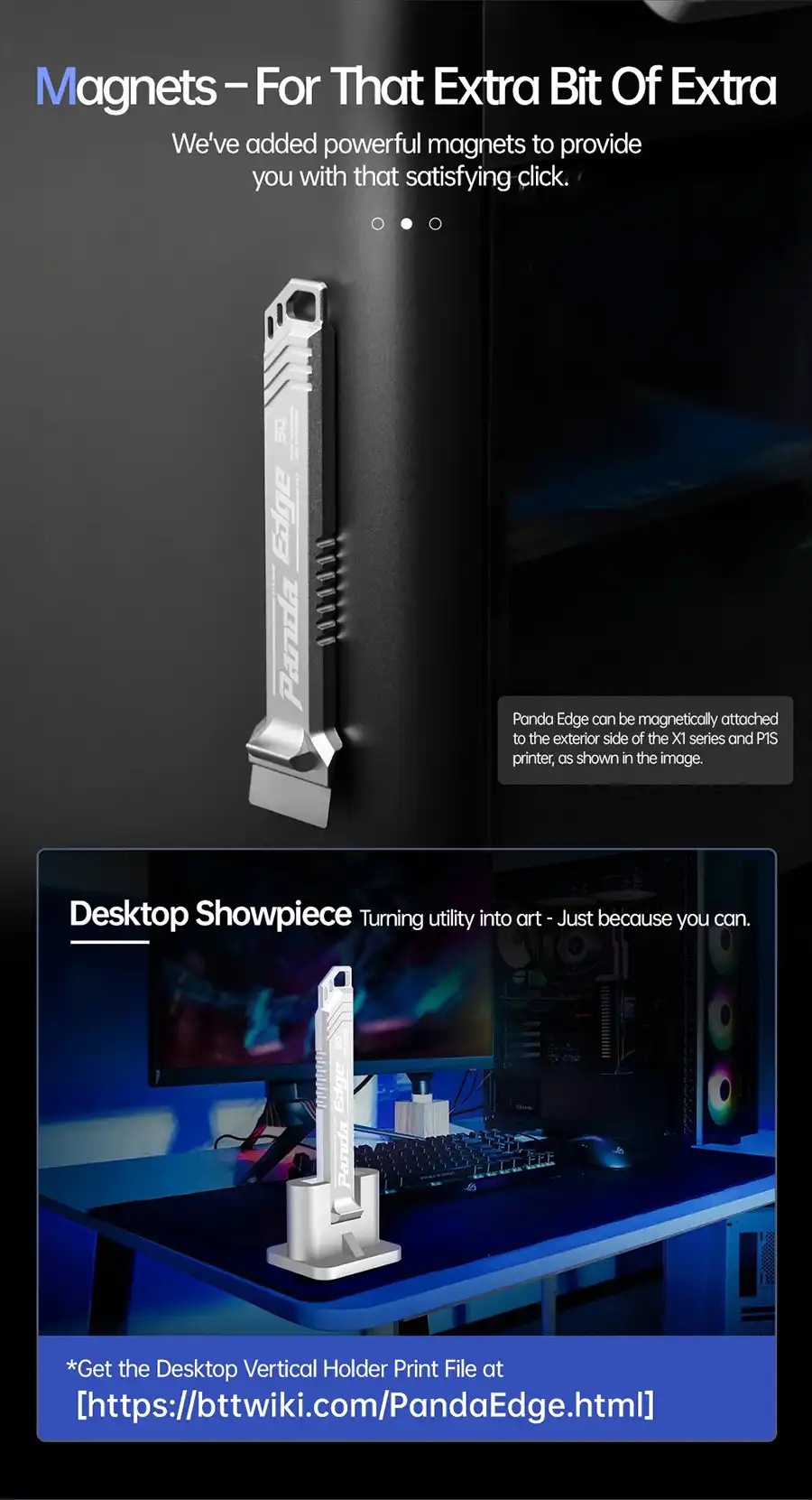 Panda Edge magnetically attached to Bambu Lab X1 and P1S printer frame, plus printable desktop vertical holder stand