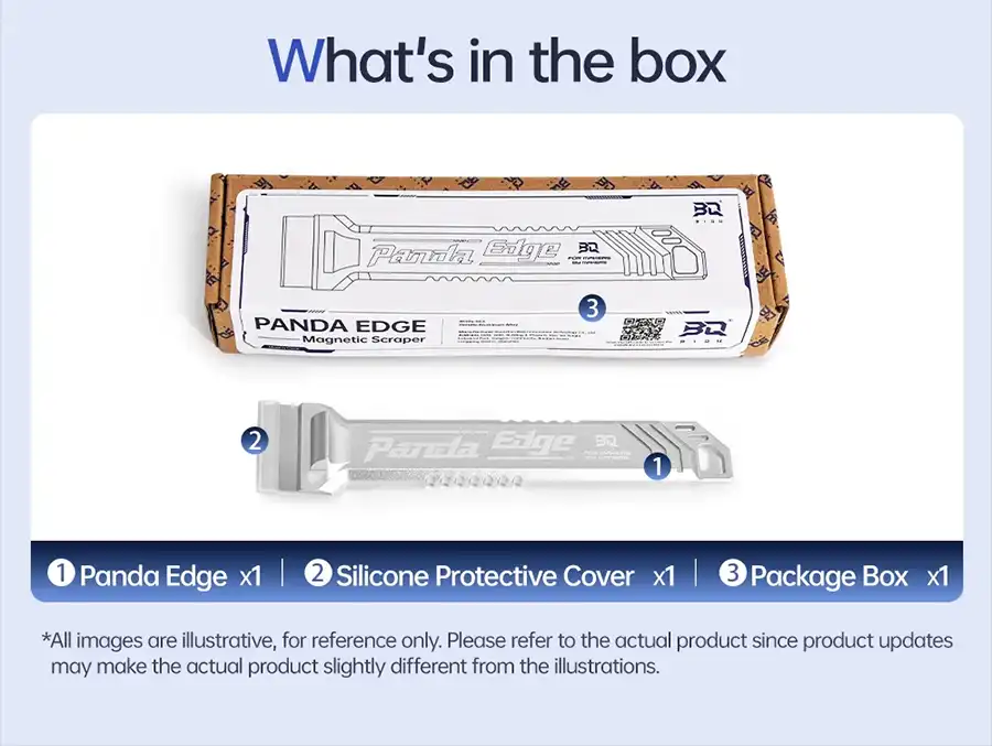 Package contents include Panda Edge scraper, silicone protective cover, and packaging box