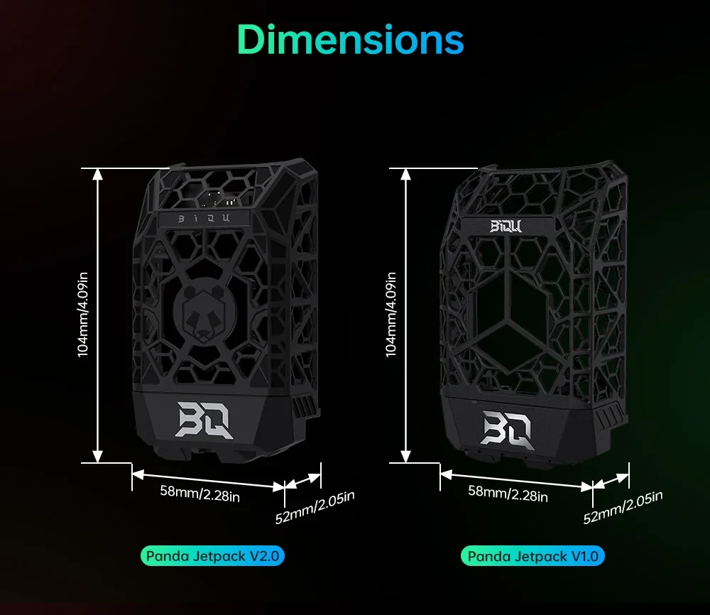 Panda Jetpack dimensions - 104mm x 58mm x 52mm for both V1 and V2 versions