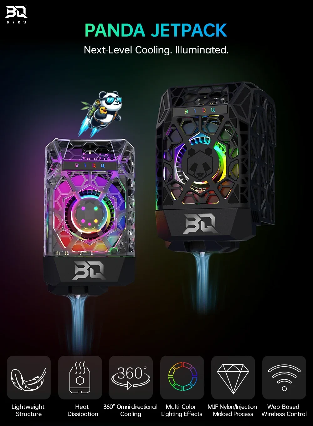 BIQU Panda Jetpack V2 features overview - lightweight structure, heat dissipation, 360° cooling, RGB lighting, and wireless control