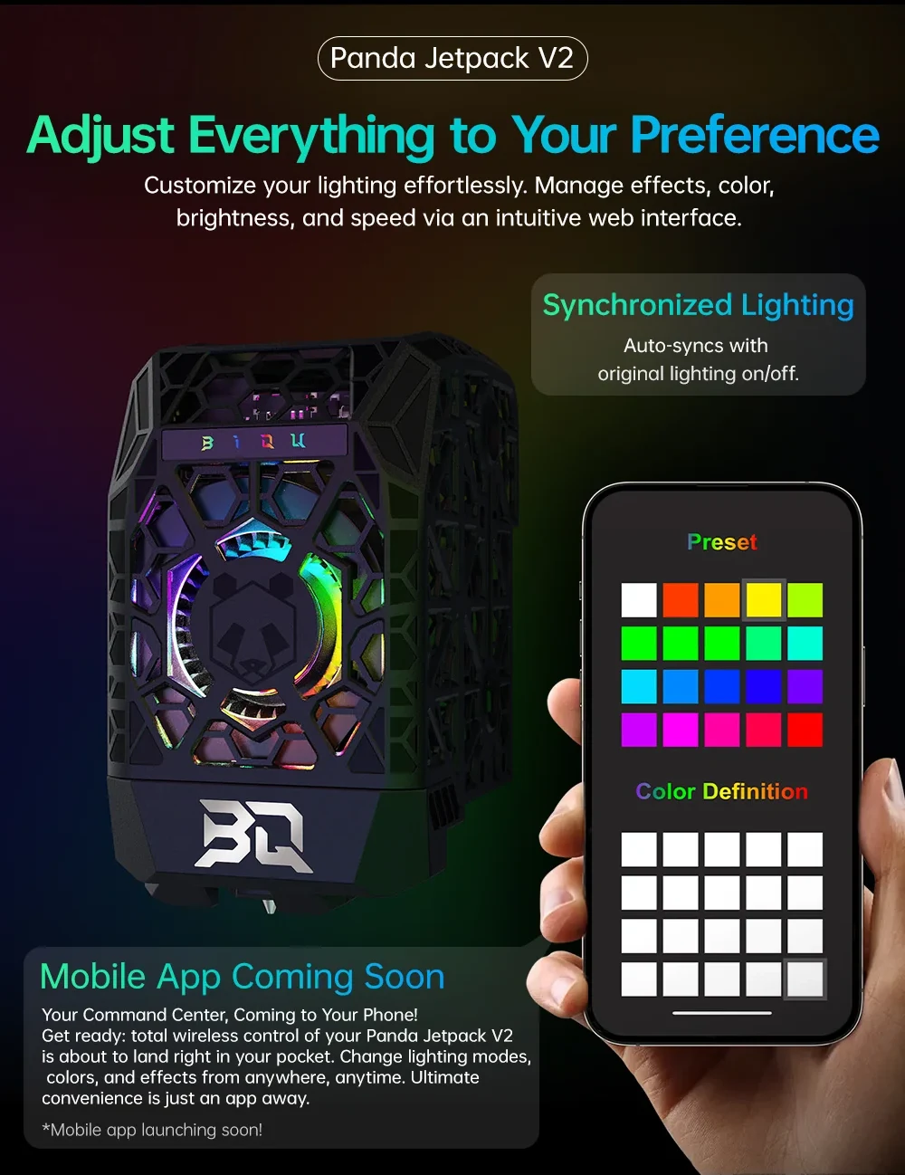 Web and app-based RGB customization with color presets and synchronized lighting control