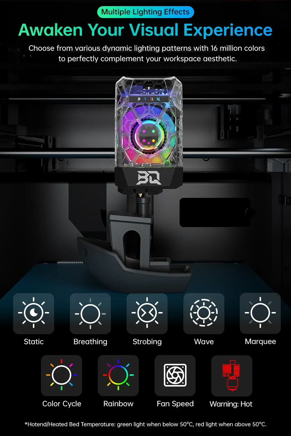 RGB lighting effects - static, breathing, strobing, wave, marquee, color cycle, rainbow, and temperature warnings