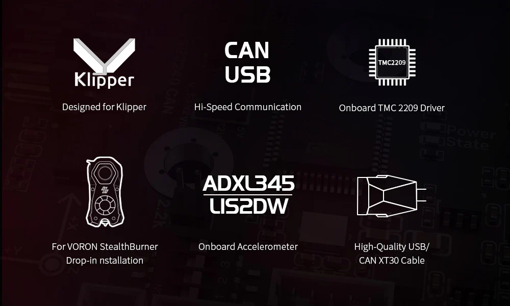 Feature list includes Klipper compatibility, on-board TMC2209 driver, ADXL345 LIS2DW accelerometer and USB-CAN XT30 cable for Voron Stealthburner