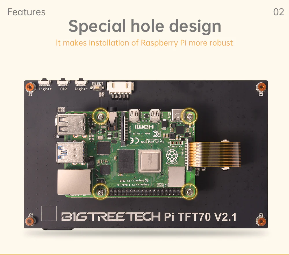 Special hole pattern supports mounting Raspberry Pi