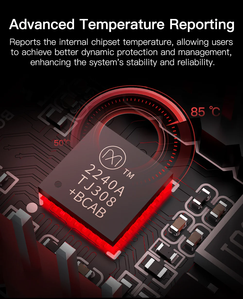 Advanced temperature reporting feature shows real-time chipset temperature monitoring up to 85°C