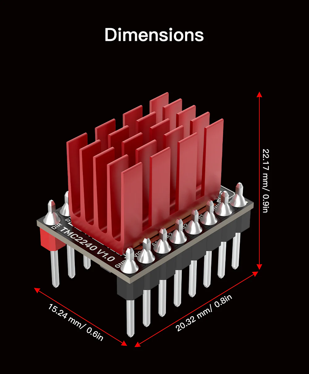 BIGTREETECH TMC2240 stepper motor driver dimensions 20.32x22.17x15.24mm with red heatsink
