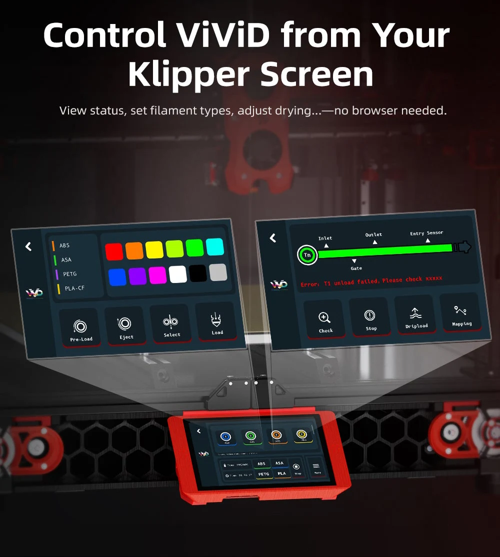 Klipper screen interface for managing filament types and active drying without needing a browser