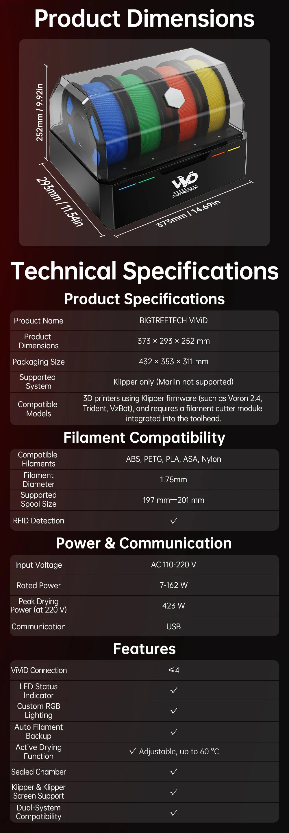 ViViD product dimensions of 373 by 293 by 252 millimeters with full technical specifications
